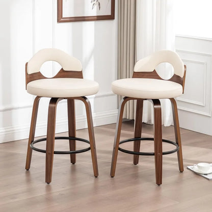 26" Swivel Bar Stools Set of 2,Mid Century Modern Beige Faux Leather Barstools, Wood Counter Height Bar Chairs with Low Back