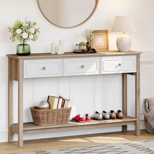 Entryway Table Console Storage 3 Drawers Open Shelf Behind Sofa Narrow Long Hallway