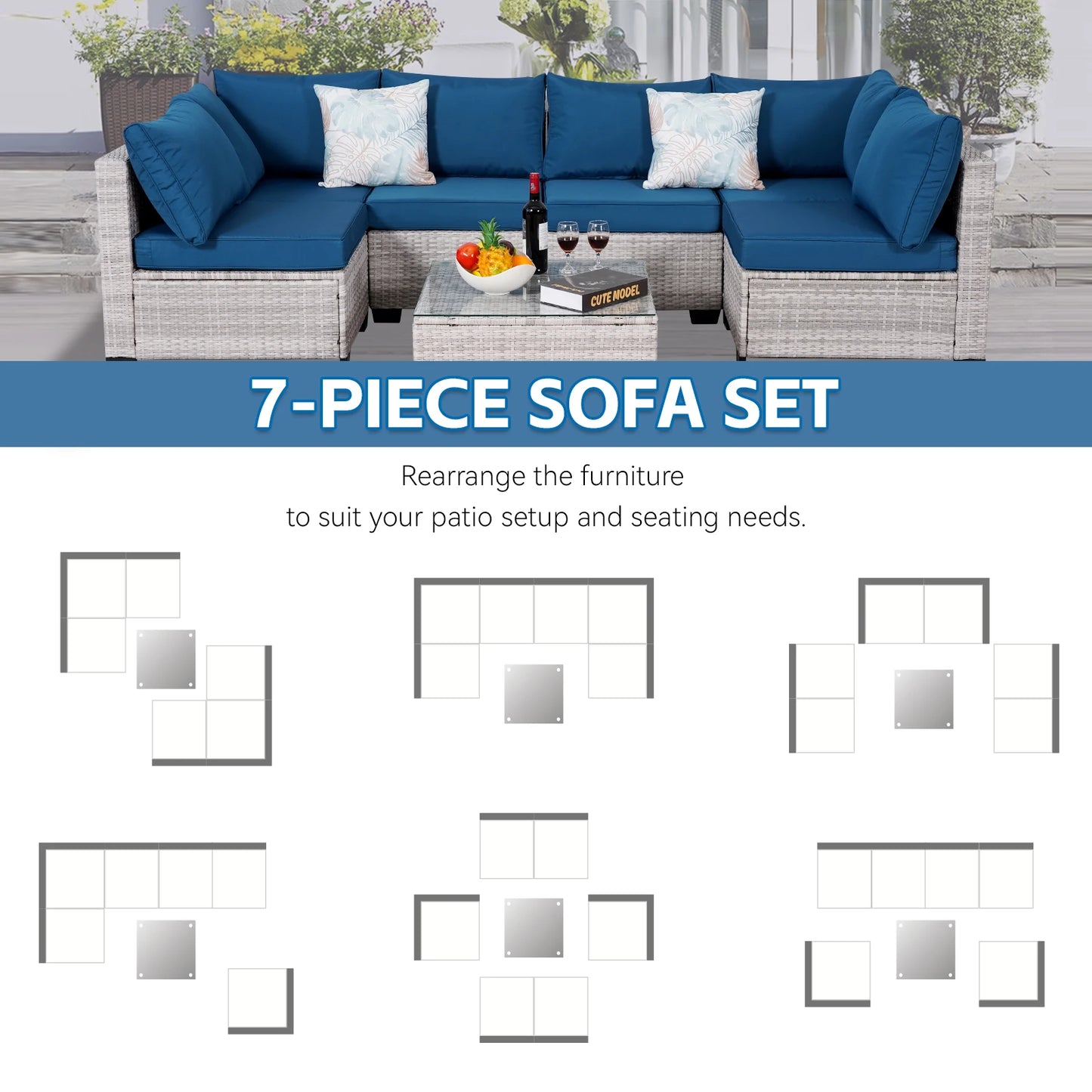 Outdoor Patio Furniture, 7 Piece Outdoor Sectional Sofa , Rattan Wicker Patio Conversation Sets with Thick Cushions