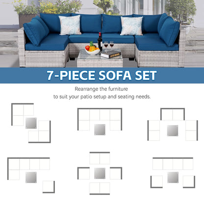 Outdoor Patio Furniture, 7 Piece Outdoor Sectional Sofa , Rattan Wicker Patio Conversation Sets with Thick Cushions