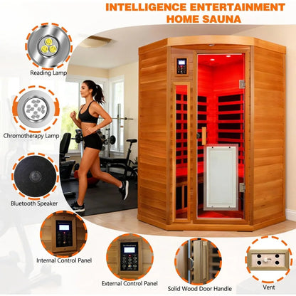 2-3 Person Corner Infrared Sauna, 1760W Low EMF, Red Cedar Wood with Heating Panels & Bluetooth