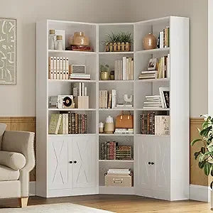 Large Corner Bookshelf with 2 Doors and Storage Cabinets, L-Shaped 7 Tiers Bookcase, 71” Tall