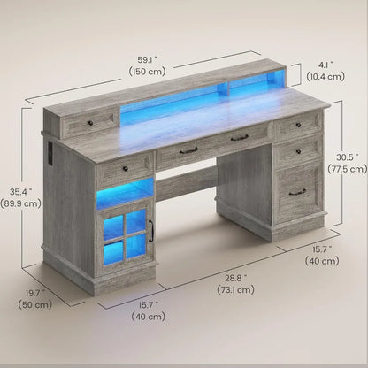 Farmhouse Executive Desk with Drawers Computer Desk with File Drawers, Power Outlet and Led Lights, Executive Office Desk