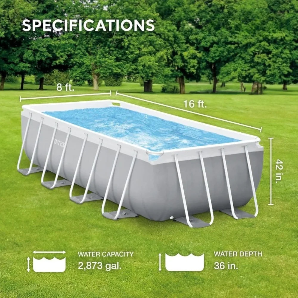 Patio, Lawn & Garden Frame Premium Rectangular Above Ground Swimming Pool Set:16ft x 8ft x 42in