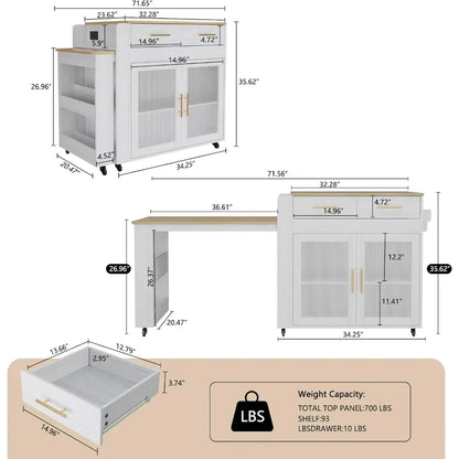 Marble Grain Top Rolling Kitchen Island Cart - Extendable Dining Table & Power Outlet for Organization
