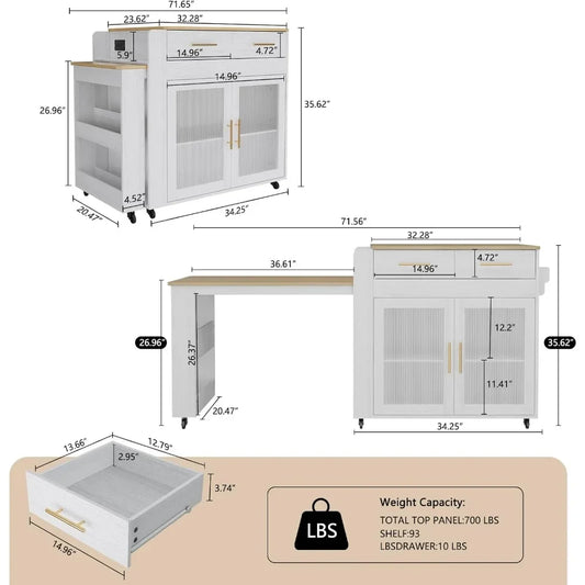 Marble Grain Top Rolling Kitchen Island Cart - Extendable Dining Table & Power Outlet for Organization