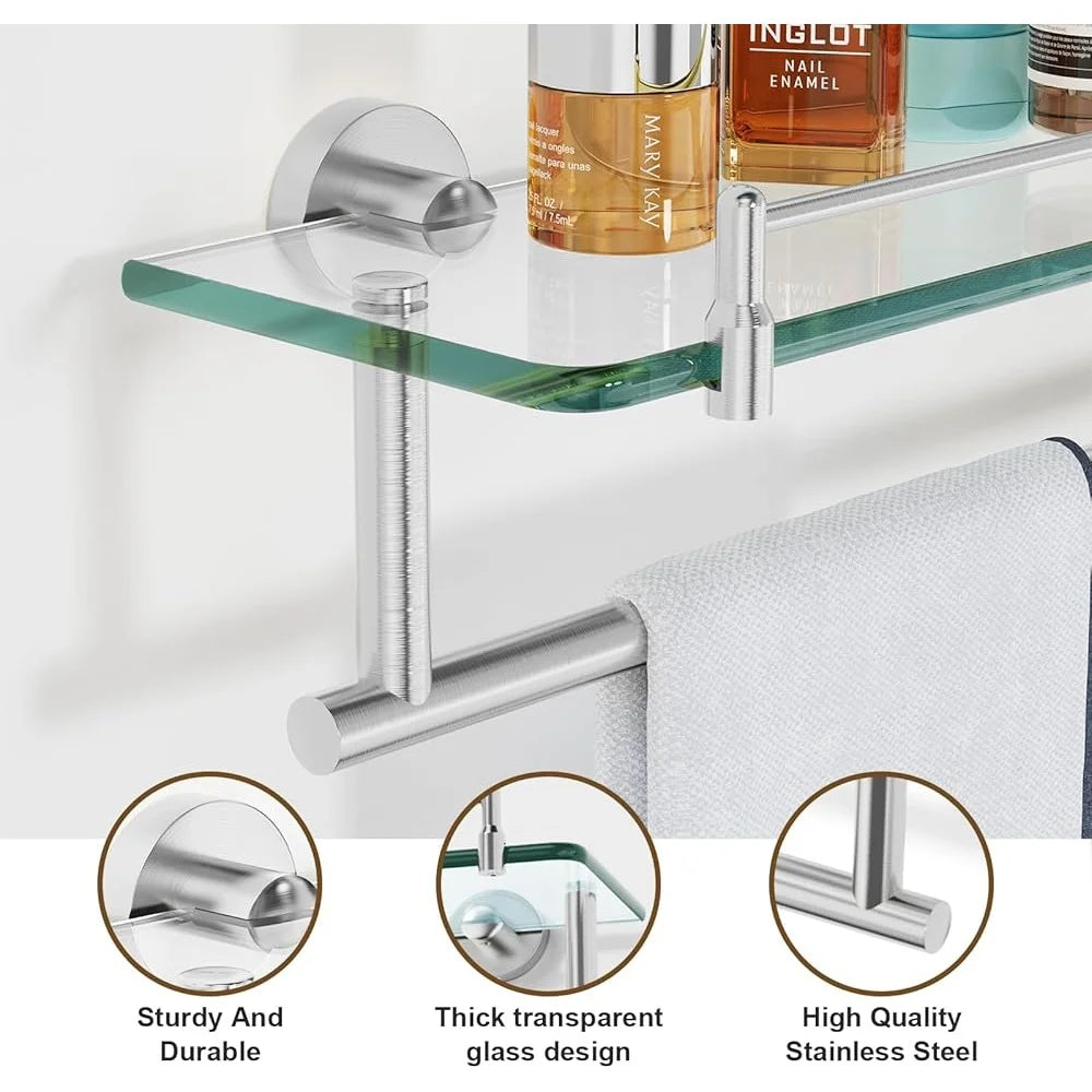 20 Inch Tempered Glass Floating Shelf with Towel Rack