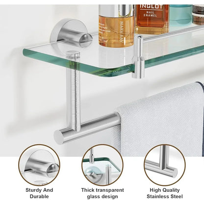 20 Inch Tempered Glass Floating Shelf with Towel Rack