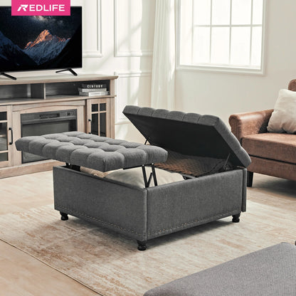 35" Large Square Storage Ottoman Bench, Upholstered Coffee Table, Lift Top Storage Ottoman Tufted Fabric for Living Room