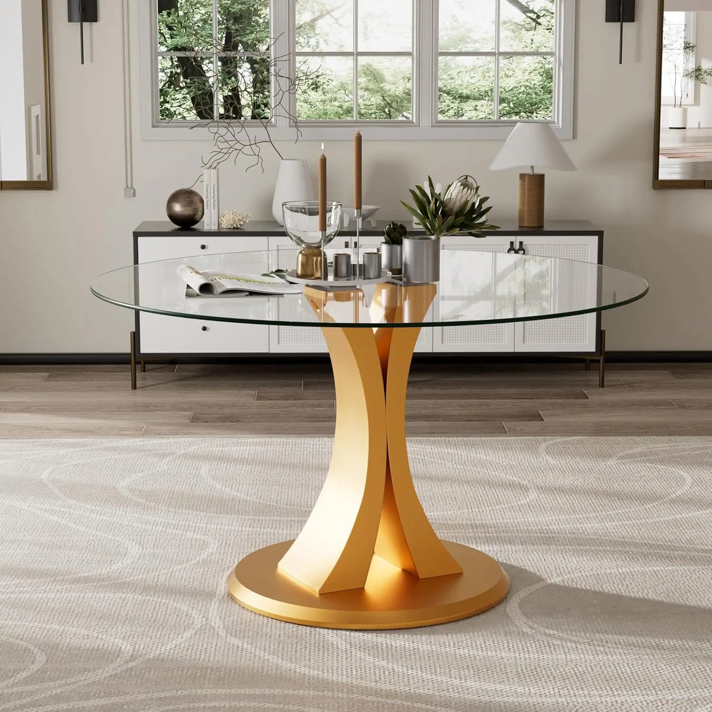 Round, 47" Glass Dining Table, with Robust Pedestal for Apartment Home Kitchen