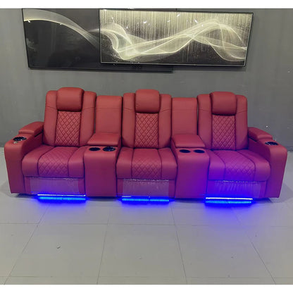 Luxury 3-Seat Recliner Sofa with Cup Holders, Leather Home Theater Seating, Cinema Recliner Couch with Center Console