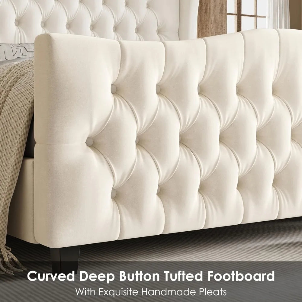 Full Size Platform Bed Frame with Tufted Wingback Headboard, Velvet Upholstered, No Box Spring Needed