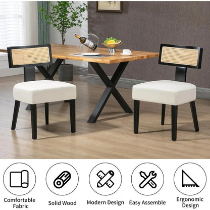 4-Pack Mid-Century Rattan Dining Chairs, Fabric Upholstered, Curved Back & Armless