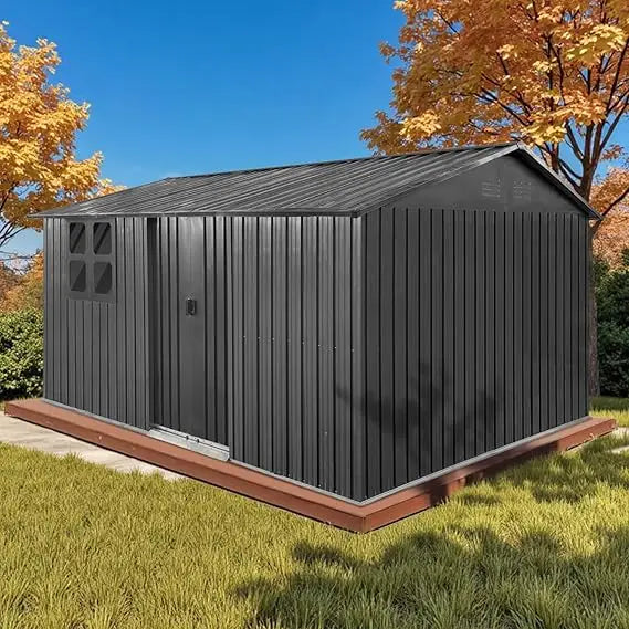 12x10 Ft Storage Shed Outdoor, XL Permanent Steel Building with Window, Sliding Doors and 4 Air Vents for Backyard, Garden, Patio