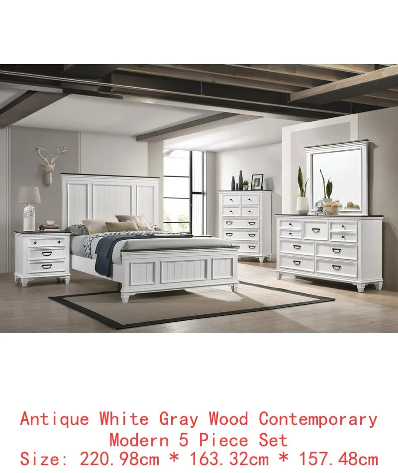 5-Piece Wood Bedroom Set with Shiplap Panel Queen Bed, Dresser, Mirror, Nightstand, and Chest