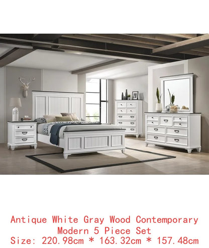 5-Piece Wood Bedroom Set with Shiplap Panel Queen Bed, Dresser, Mirror, Nightstand, and Chest