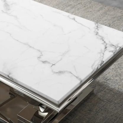 Marble Coffee Table, White and Silver with U-Shape Stainless Steel Base with Silver Mirrored Finish