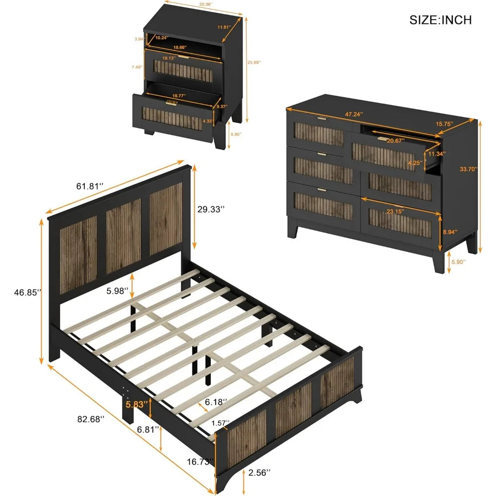 4 Piece Queen Bedroom Set,Queen Size Platform Bed  Qwith Wooden Strip Stickers Decoration, 2 Nightstands and Dresser, 4 Piece Fa