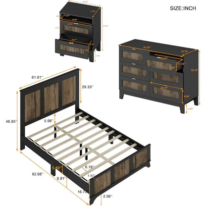 4 Piece Queen Bedroom Set,Queen Size Platform Bed  Qwith Wooden Strip Stickers Decoration, 2 Nightstands and Dresser, 4 Piece Fa