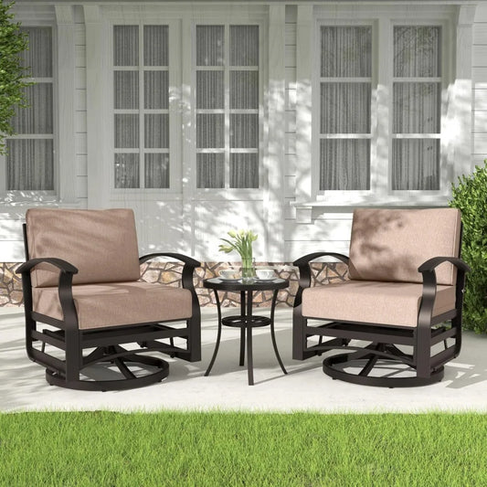 3 Pieces Patio Furniture Set, Outdoor Aluminum Swivel Gliders , Rocking Chairs with Tempered Glass Side Table