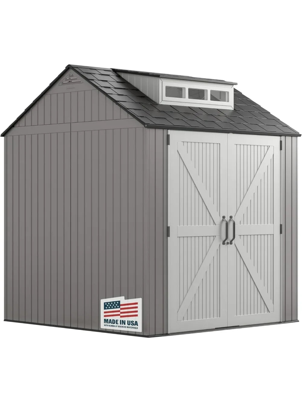Weatherproof Gray Rubbermaid Resin Storage Shed, 7ft x 7ft, with Floor, for Outdoor Home, Backyard, and Garden Tool Organization