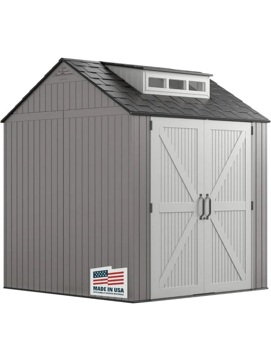 Weatherproof Gray Rubbermaid Resin Storage Shed, 7ft x 7ft, with Floor, for Outdoor Home, Backyard, and Garden Tool Organization