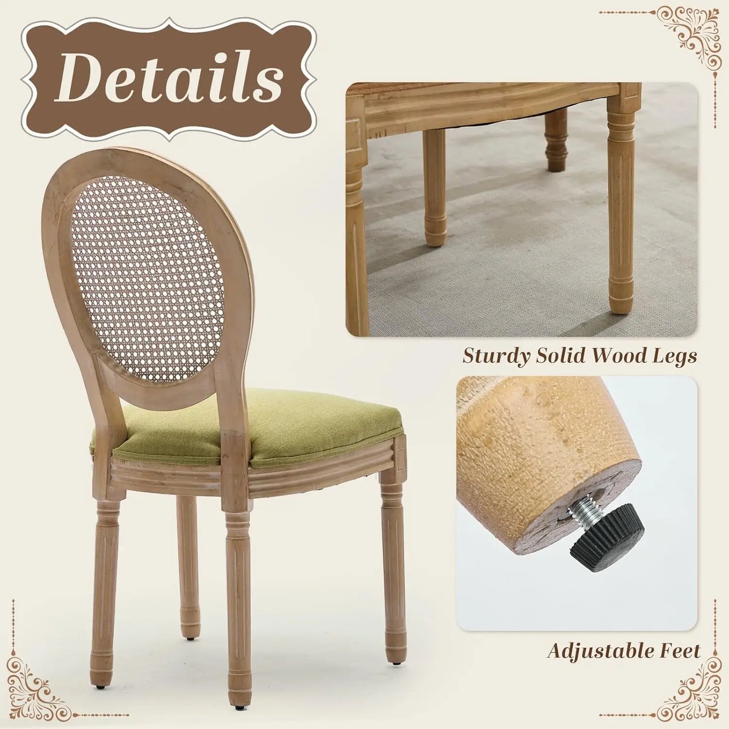 French Dining Chairs Set of 4, Dining Chair with Round Back, Wood Leg Farmhouse Country Rattan Dining Chair for Kitchen,