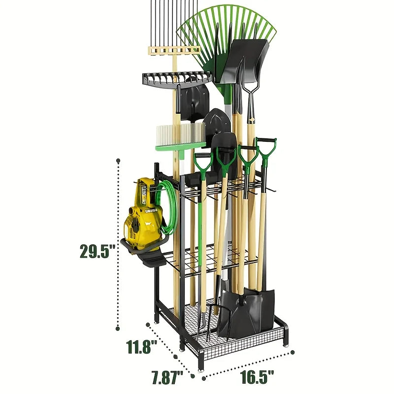 garden tool rack, patio tool tower, garage organization and storage, heavy-duty steel garden tool rack