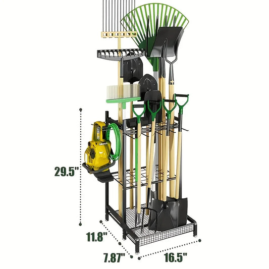 garden tool rack, patio tool tower, garage organization and storage, heavy-duty steel garden tool rack