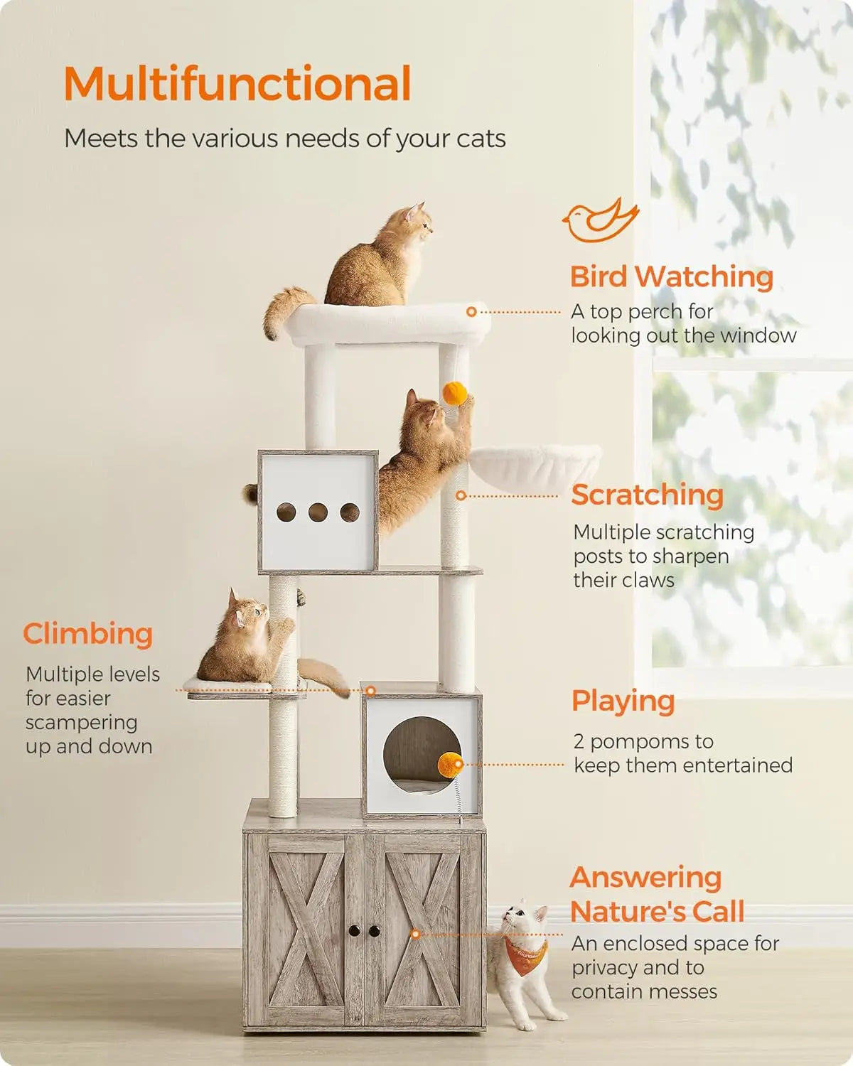 Cat Tree with Litter Box Enclosure, Cat Tower, 70.8-Inch Tall Cat Condo with Scratching Posts, Perch, Caves