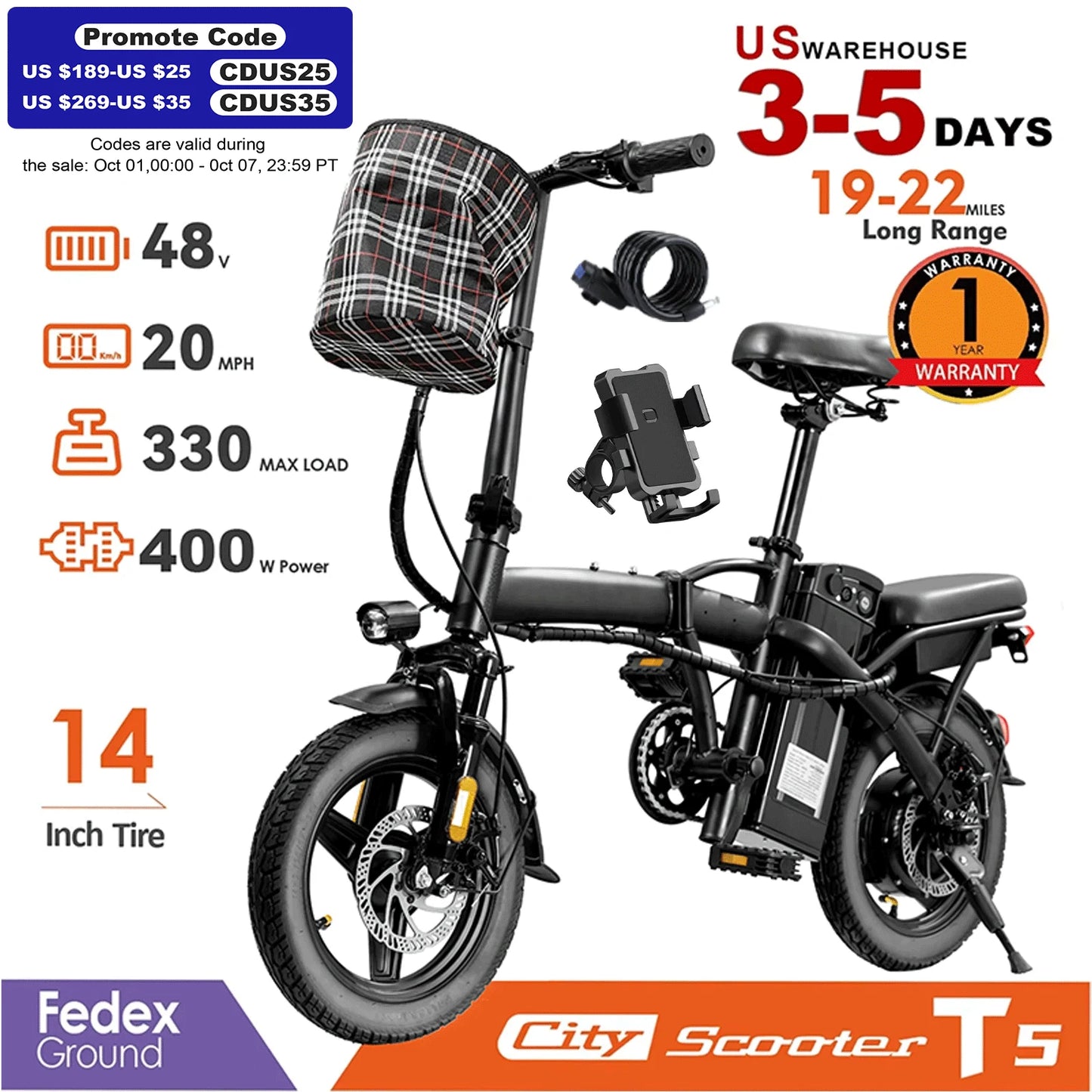 14inch Road Tires, Electric with Basket 48V 400W Folding bike, Carbon Steel Lightweight  Foldable Adult Brushless