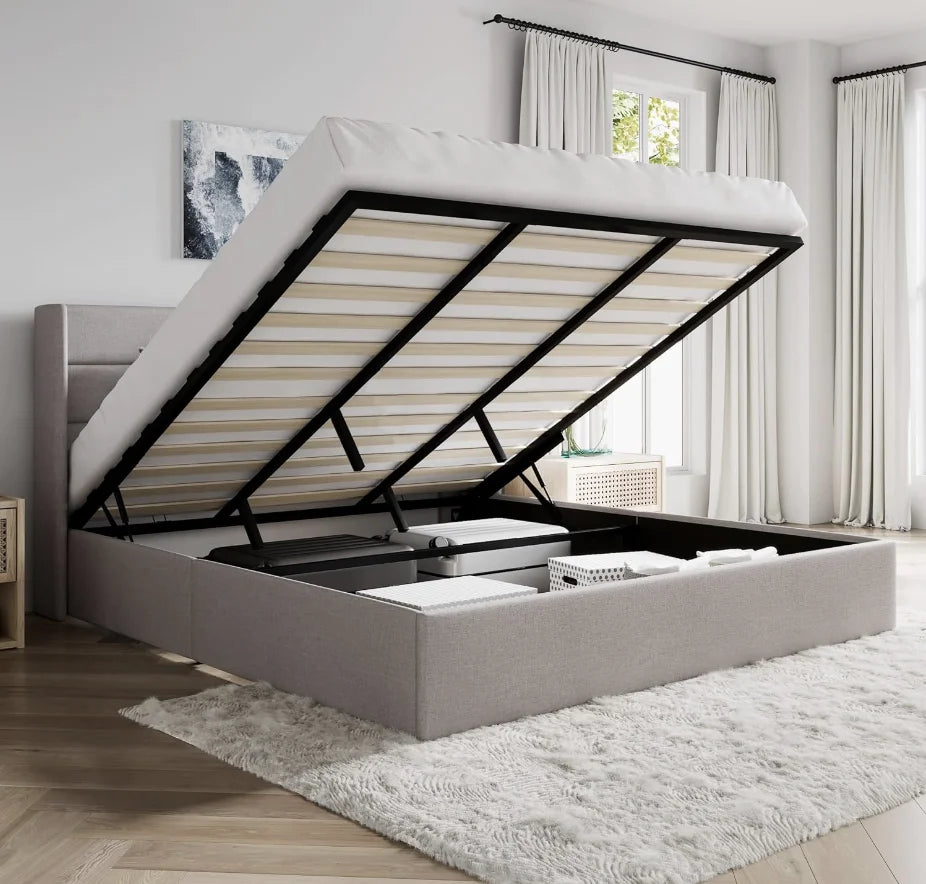 King Size Lift Up Storage Bed, Wingback Headboard/Upholstered Platform Bed Frame/Hydraulic Storage/No Box Spring Needed