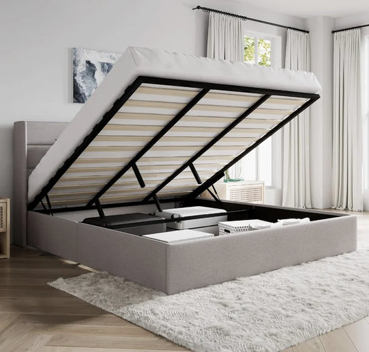 King Size Lift Up Storage Bed, Wingback Headboard/Upholstered Platform Bed Frame/Hydraulic Storage/No Box Spring Needed