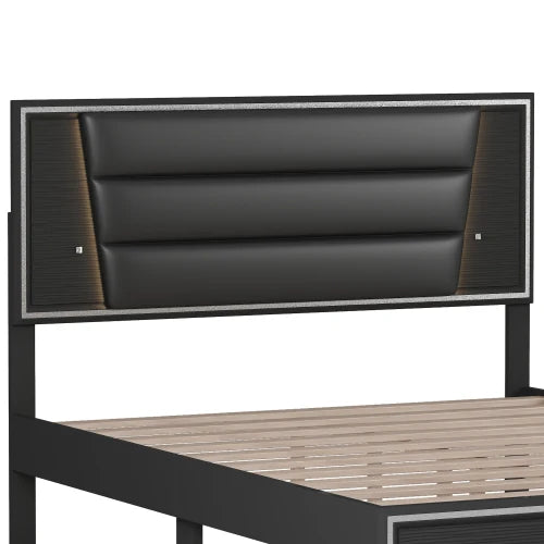 3-Pieces Bedroom Set, Queen Size Upholstered Bed with LED Lights, Nightstands and Dresser , Black /white