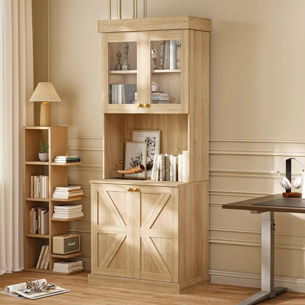 71" Farmhouse Kitchen Pantry Cabinet Set of 3, Brown Freestanding Coffee Bar Hutch with Glass Doors & Adjustable Shelves
