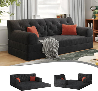 79" Convertible Sofa Bed with Pillows, Corduroy Folding Sleeper Sofa with Fixed-Shape Frame, Boneless Couch for Living Room