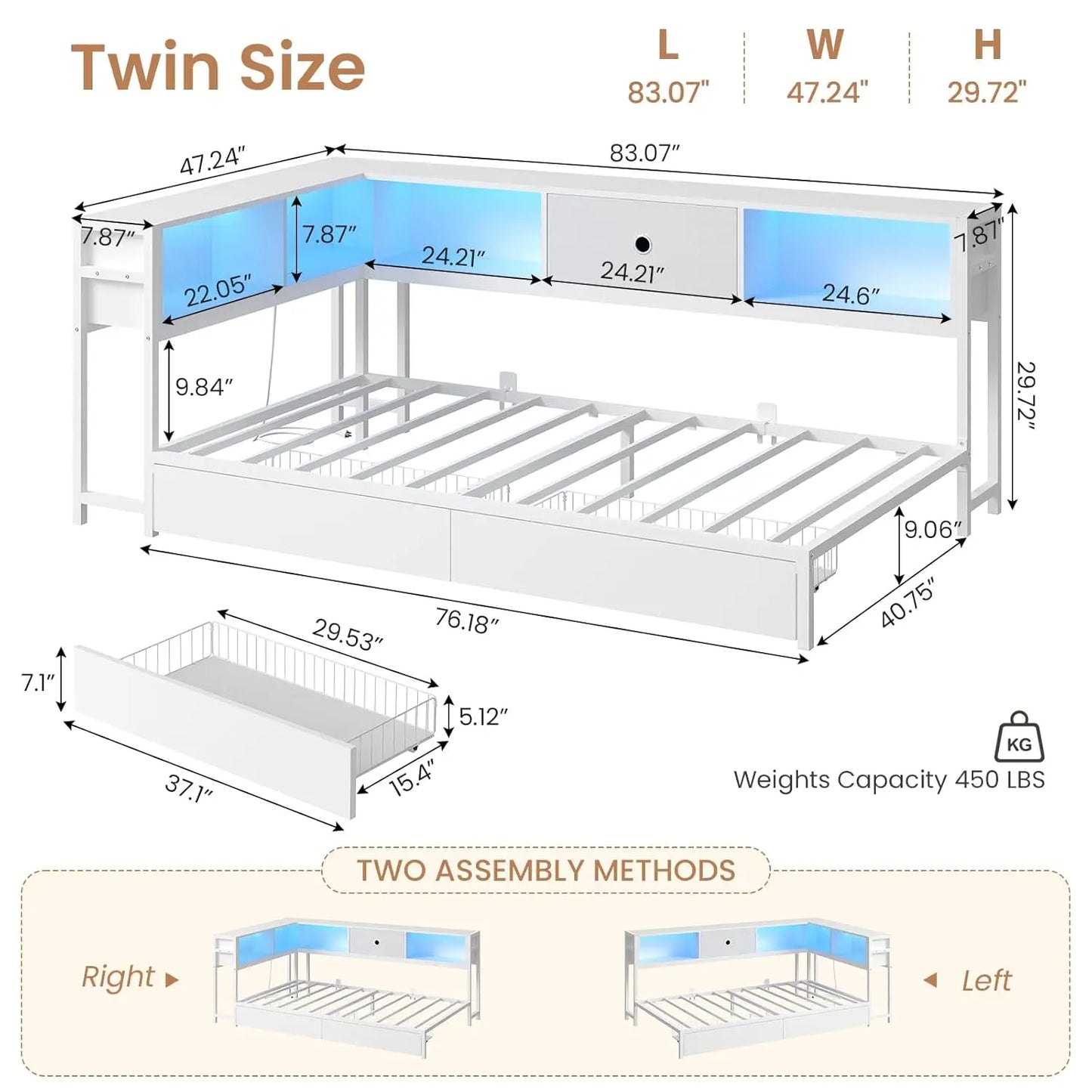 Twin Corner Bed Frame with Bookcase Storage and Led Lights Twin Size Metal Platform Bed Frames with Storage Drawers