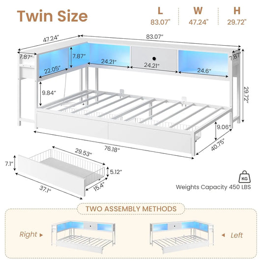 Twin Corner Bed Frame with Bookcase Storage and Led Lights Twin Size Metal Platform Bed Frames with Storage Drawers