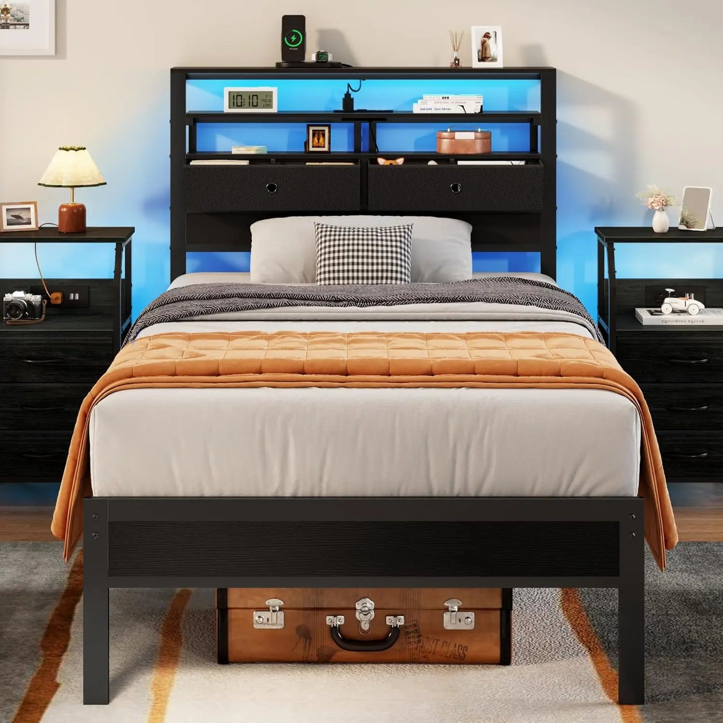 Bed Frames with Charging Station and LED Lights, Wood Headboard with 2 Fabric Drawers and Storage Shelves,,