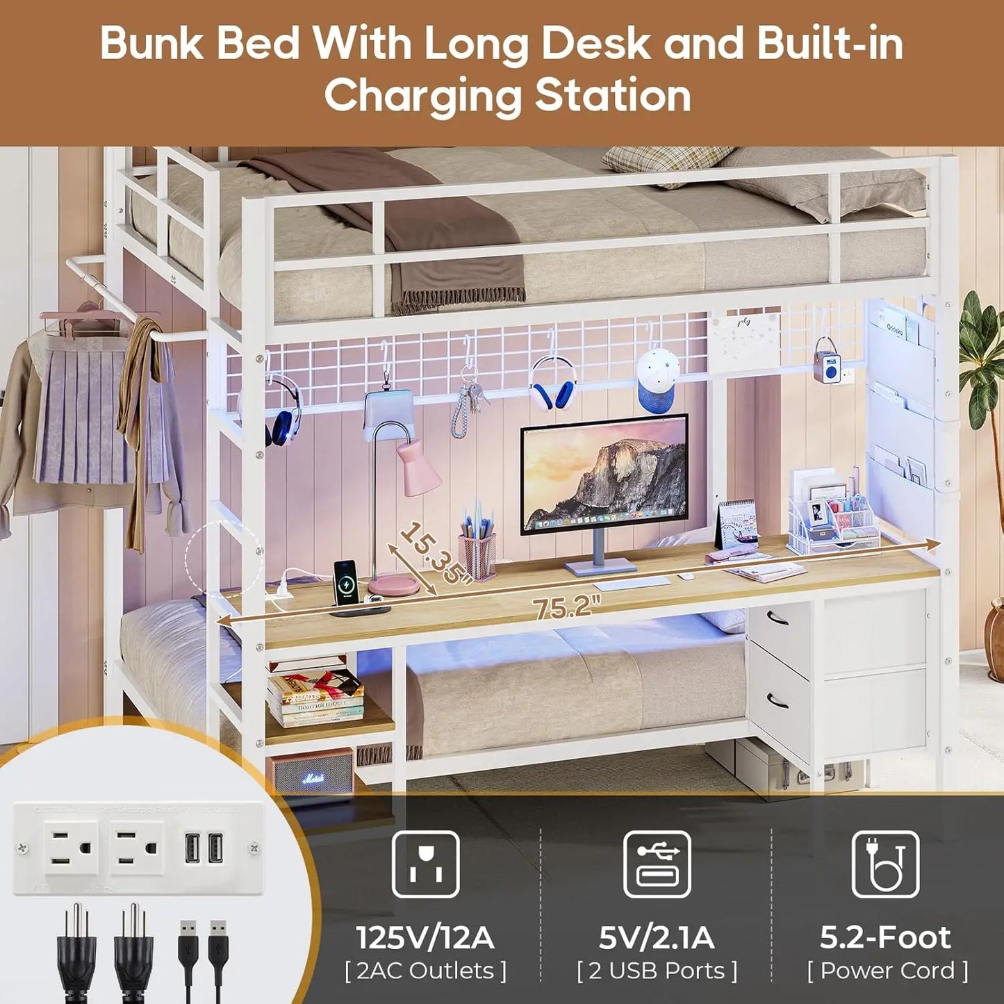 Full Over Twin Bunk Bed with Desk and Led Lights Metal Loft Bed Frame with Charging Station,Storage Shelves and Drawers