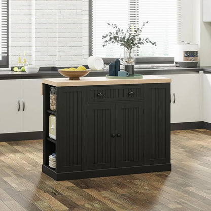 Fluted Wooden Kitchen Island with Drop Leaf, Drawer, and Open Shelves for Countertop Storage