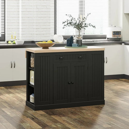 Fluted Wooden Kitchen Island with Drop Leaf, Drawer, and Open Shelves for Countertop Storage