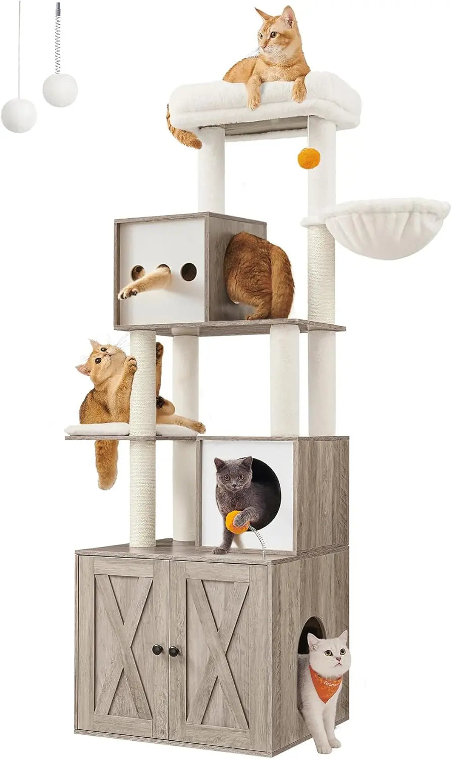 Cat Tree with Litter Box Enclosure, Cat Tower, 70.8-Inch Tall Cat Condo with Scratching Posts, Perch, Caves