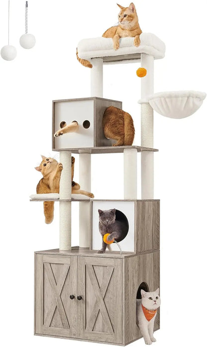 Cat Tree with Litter Box Enclosure, Cat Tower, 70.8-Inch Tall Cat Condo with Scratching Posts, Perch, Caves