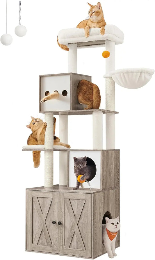 Cat Tree with Litter Box Enclosure, Cat Tower, 70.8-Inch Tall Cat Condo with Scratching Posts, Perch, Caves