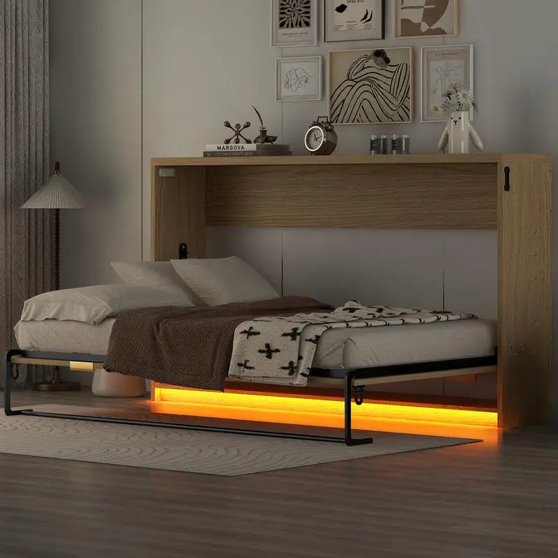 Twin XL Murphy Bed with LED Light, Folds into Cabinet, Natural Finish
