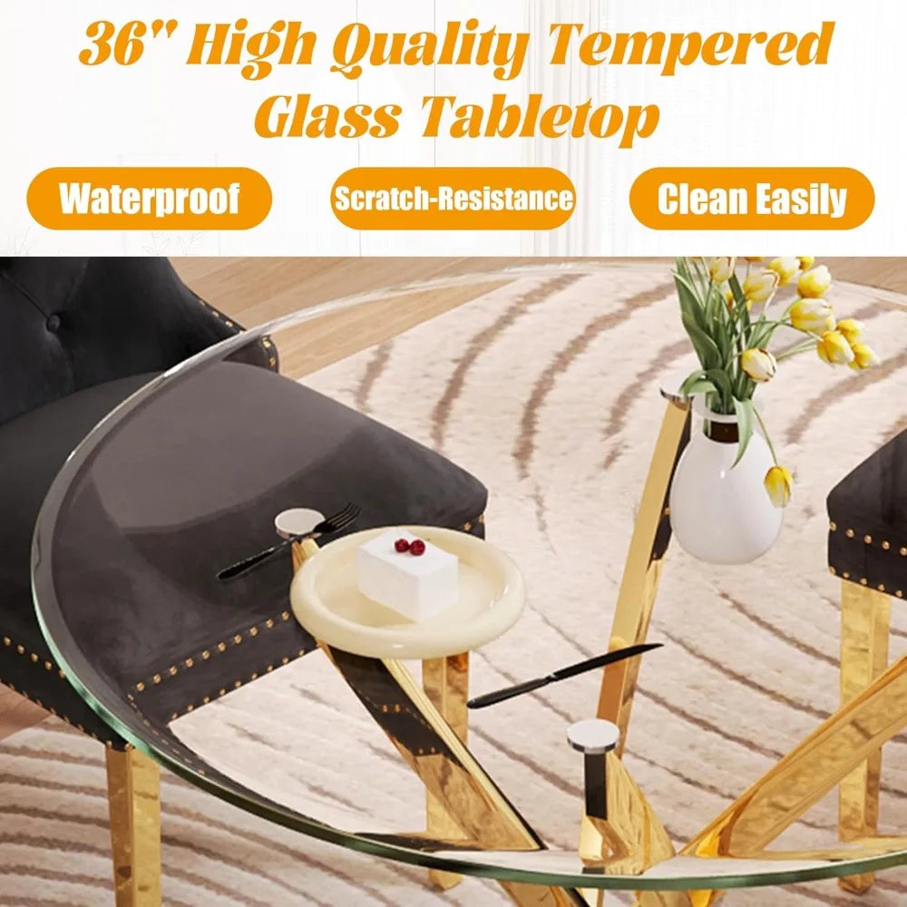 Glass Dining Table Set, 5-Piece Round Tempered Glass Kitchen Table Set with 4 Velvet Upholstered Dining Chairs