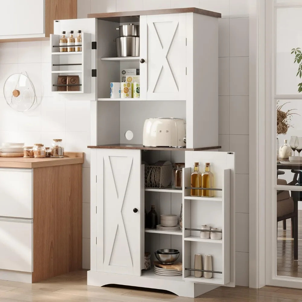 72" Kitchen Pantry, Farmhouse Cabinets with Barn Doors & Storage Shelves, Pantry Storage Cabinet- Coffee Bar
