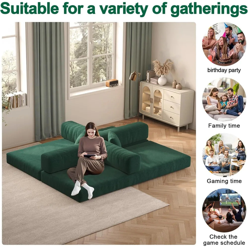 79" Convertible Sofa Bed with Pillows, Corduroy Folding Sleeper Sofa with Fixed-Shape Frame, Boneless Couch for Living Room