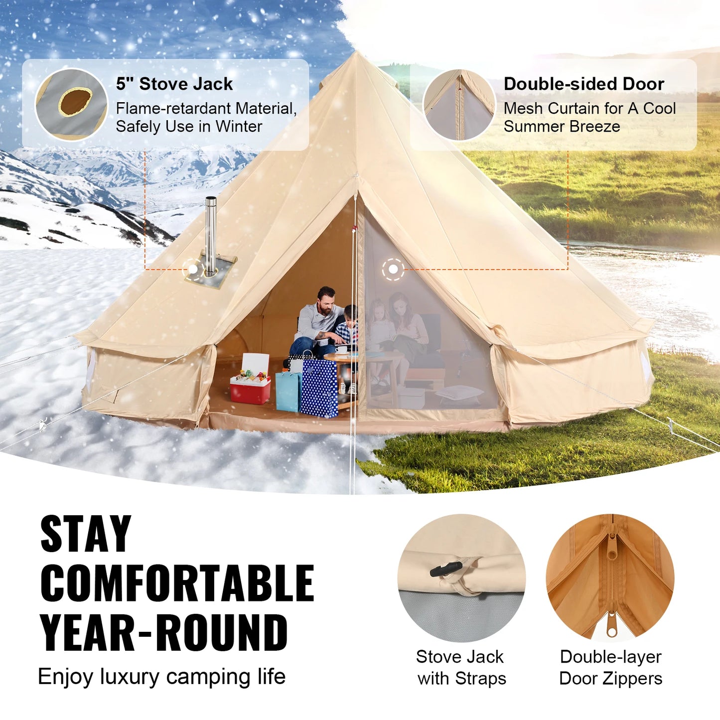 Canvas Bell Tent 4 Seasons 13.12 ft Yurt Tent Canvas Tent for Camping with Stove Jack Breathable Tent Holds 6 People